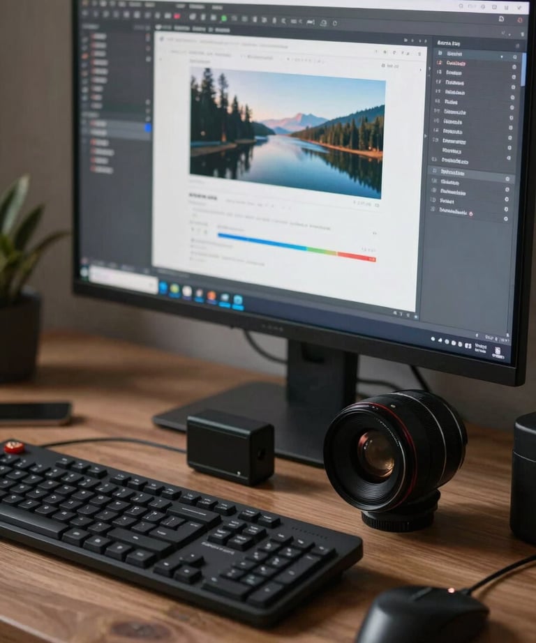 A close-up of a designer's desk with high-tech peripherals and a large screen showing a modern UI design project.