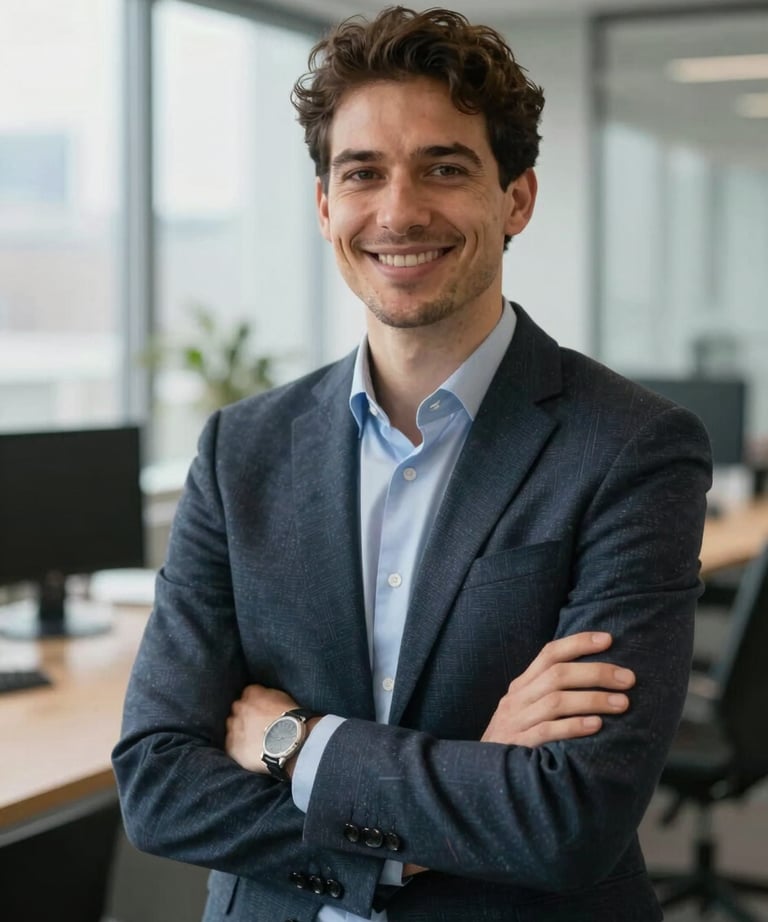 Portrait of a professional project manager smiling in a modern office, French business attire, soft natural light.