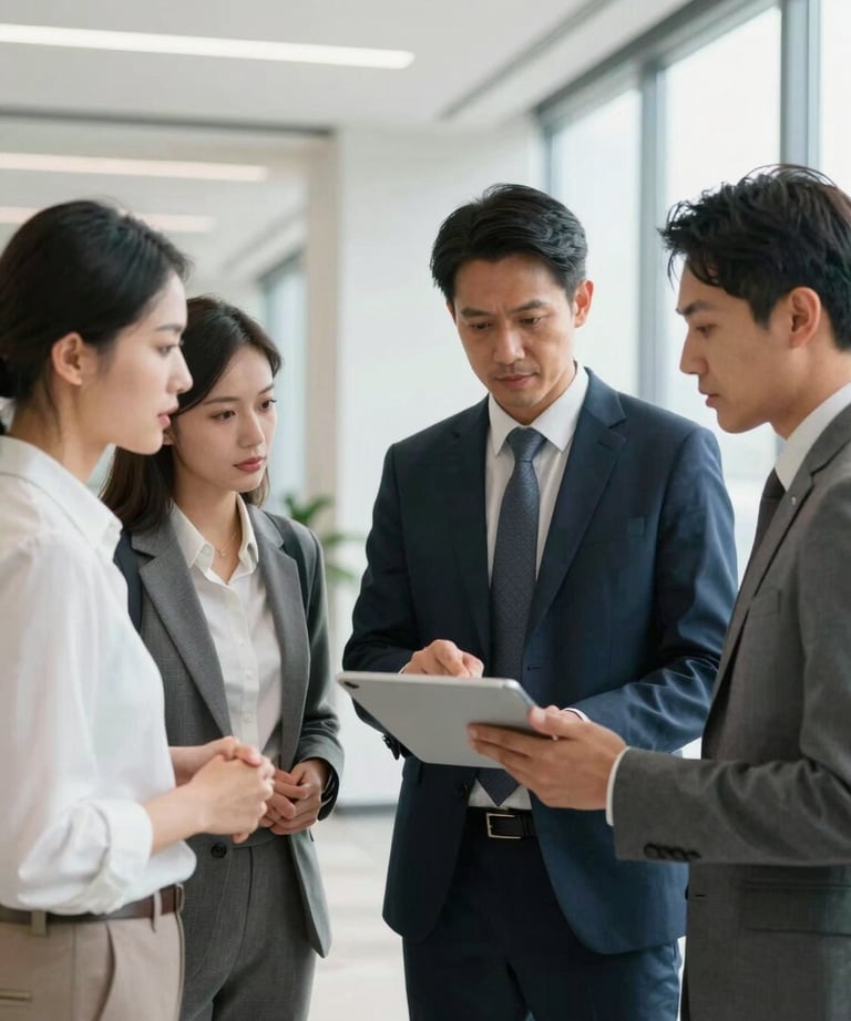 Team of diverse professionals discussing a project around a tablet in a bright, modern corporate hallway.