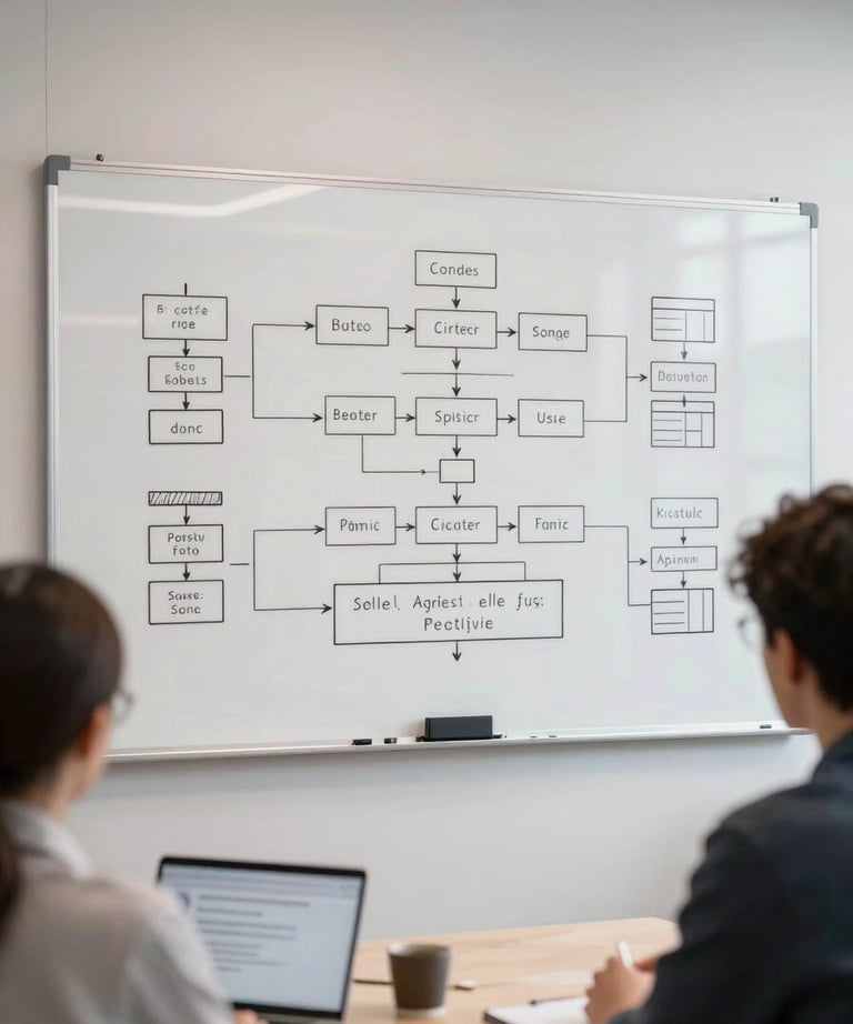 A creative meeting room with a large whiteboard filled with software architecture diagrams, bright and professional French office atmosphere.