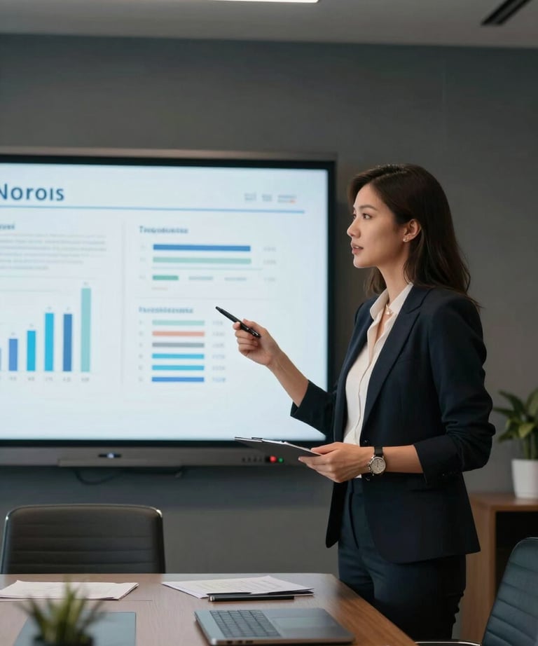 A professional woman presenting data on a screen in a sleek meeting room, focused and high-end tech environment.