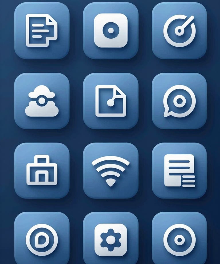 A series of minimalist web icons for a technology brand, consistent blue color palette.