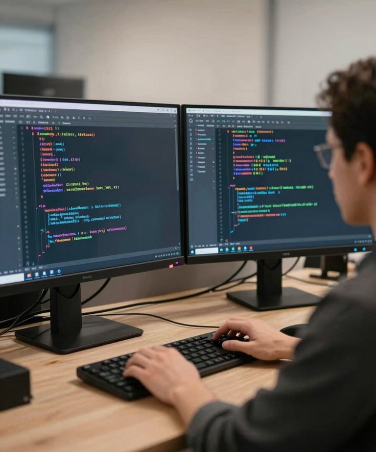 Professional software developer working with two large screens showing complex backend code, neutral and professional lighting.