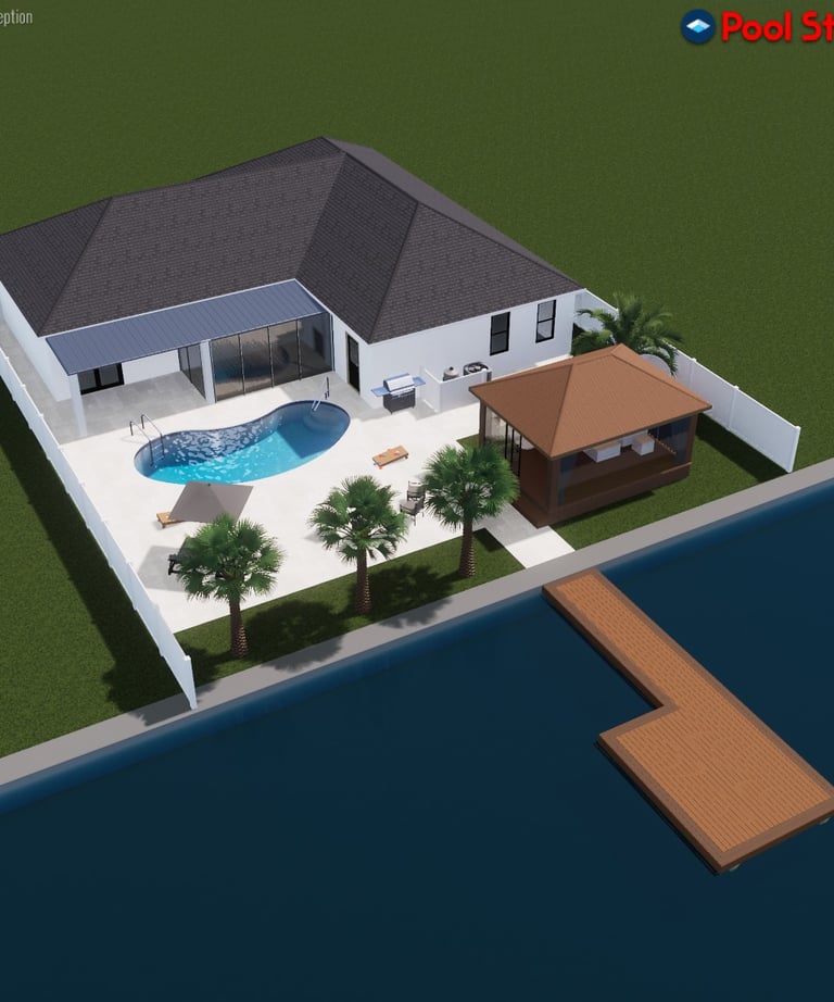 Modern backyard design with luxury swimming pool, gazebo, and private boat dock.