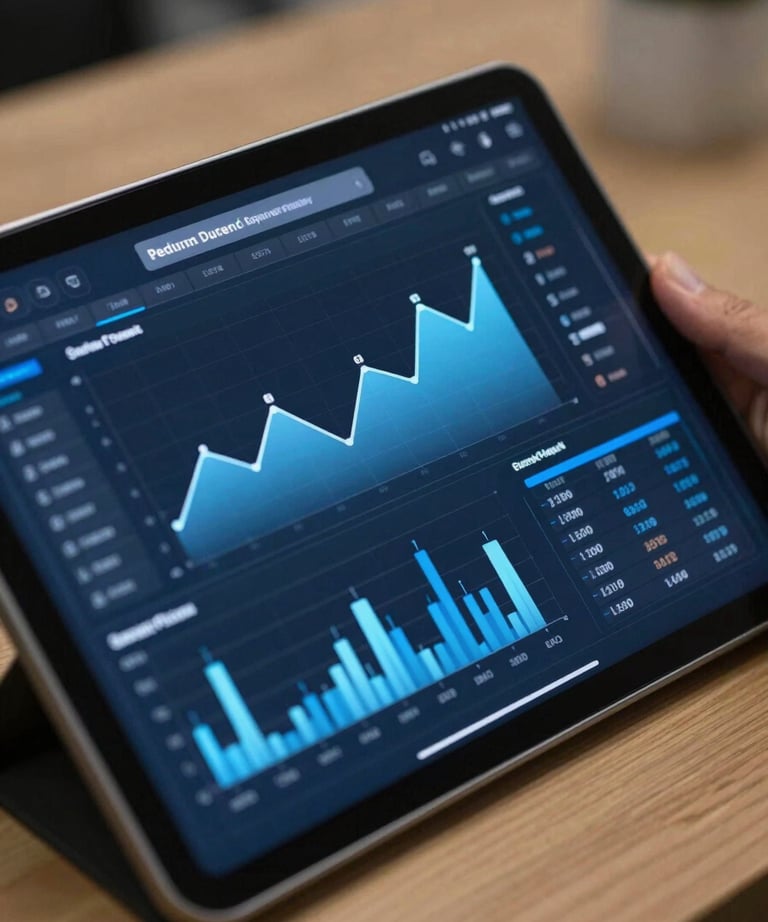 A close-up of a tablet screen showing a complex dashboard with dark blue and light blue graphs, in a professional Eastern European office.
