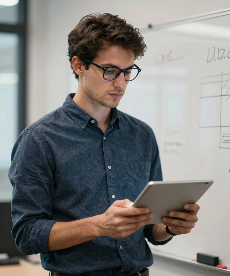Portrait of a focused male project manager in a tech setting, holding a tablet and standing near a whiteboard.