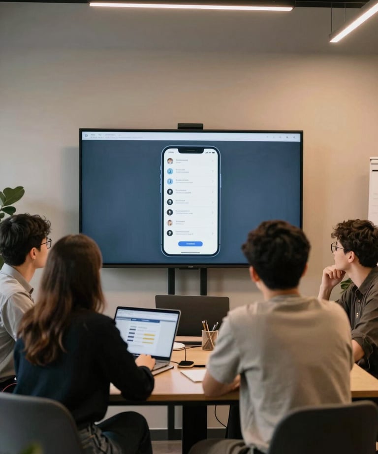 A photography of a group of young professionals in a Kyiv co-working space, looking at a large screen with a mobile app mockup. Warm, modern light.