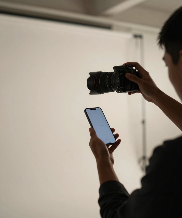 A photographer working in a minimalist studio with high ceilings, capturing product shots of a smartphone.