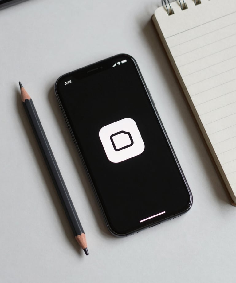Top-down shot of a smartphone next to a digital pencil and a notepad on a clean desk, showing a minimalist app icon.