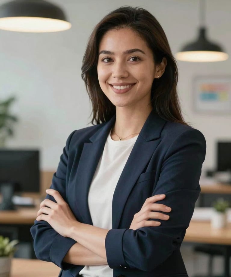 Portrait of a young professional woman in a creative workspace, smiling confidently, representing the strategist role.