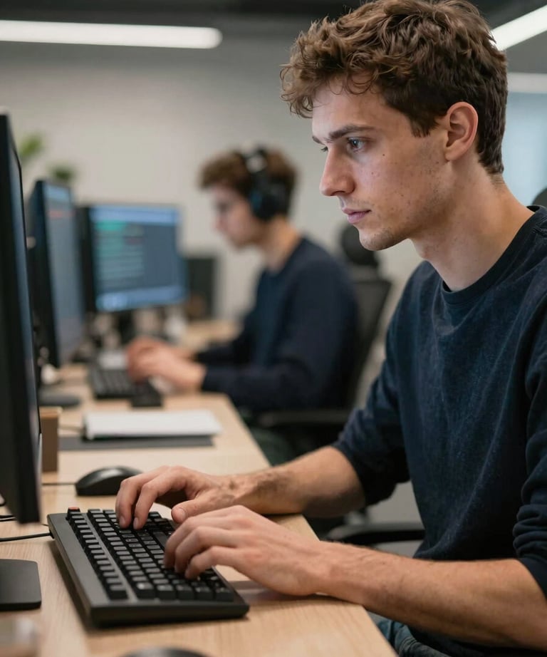 A male programmer in an Eastern European startup environment, typing on a mechanical keyboard with a concentrated expression.