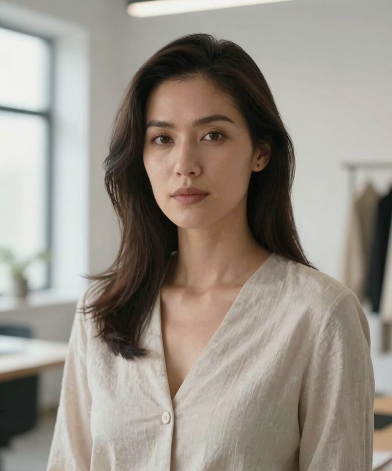 A portrait of a female designer in a modern studio, with minimalist decor and bright light, looking professionally at the camera.