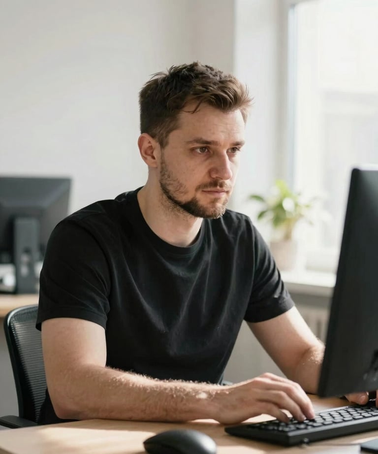 A portrait of a male developer in a black t-shirt, working in a sunlit Ukrainian office, looking focused. Clean composition.