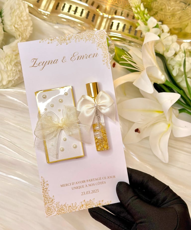 parfum personnalisé d'eau de Cologne et chocolat posés sur un support