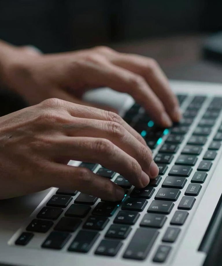 Close-up of a designer's hands using a high-end keyboard. The lighting is low-key with cyan blue accents, creating a professional and technical atmosphere.