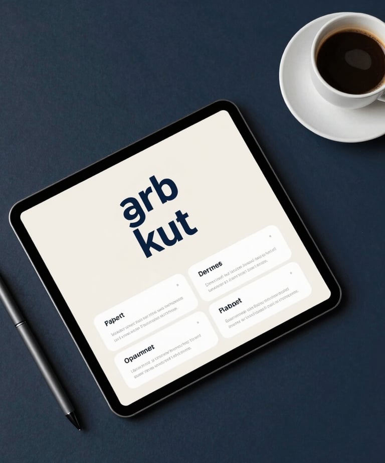 A top-down view of a designer's workspace featuring a tablet with a branding mockup, a sleek digital pen, and a cup of espresso. The color palette is dark navy and off-white. Professional North American studio setting.