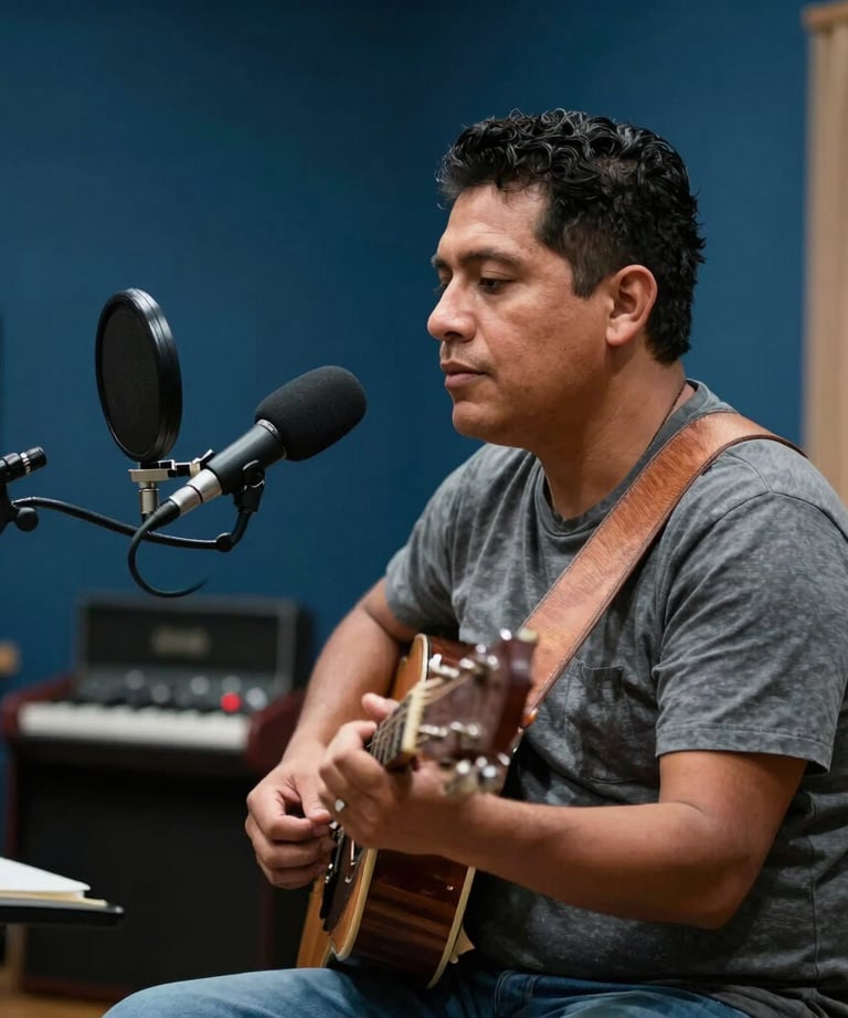 A candid shot of a Latin American musician during a recording session, beautifully lit with deep blues and soft grays. The atmosphere is artistic and professional.
