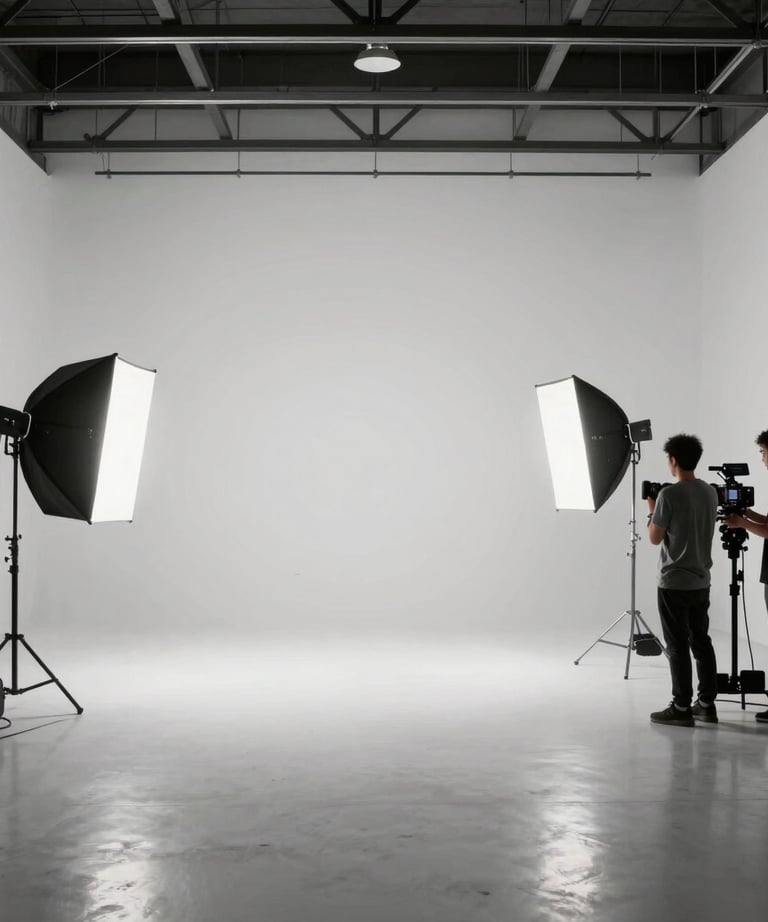 A wide view of a professional soundstage with softboxes and a camera crew preparing for a commercial shoot. Minimalist, clean, and industrial-chic atmosphere.