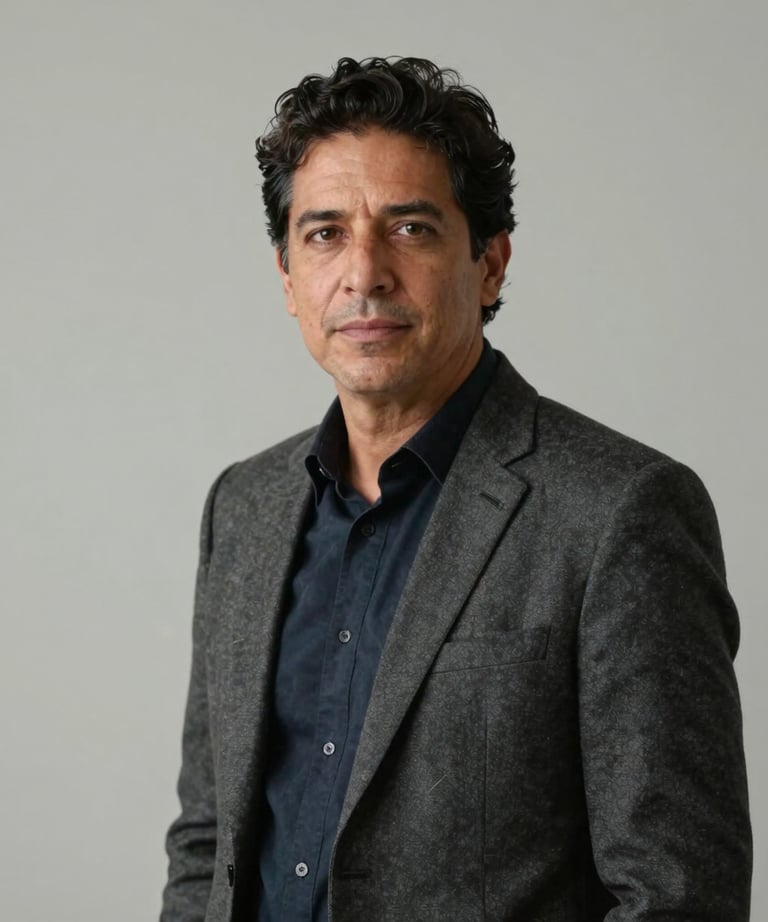 Portrait of a creative director in a minimalist studio in Latin America. They wear professional attire and look confidently at the camera. Soft, high-quality studio lighting.