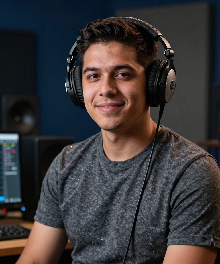 Portrait of a young male sound designer with professional headphones in a recording studio. Deep blues and charcoal grays. Professional Latin American talent.