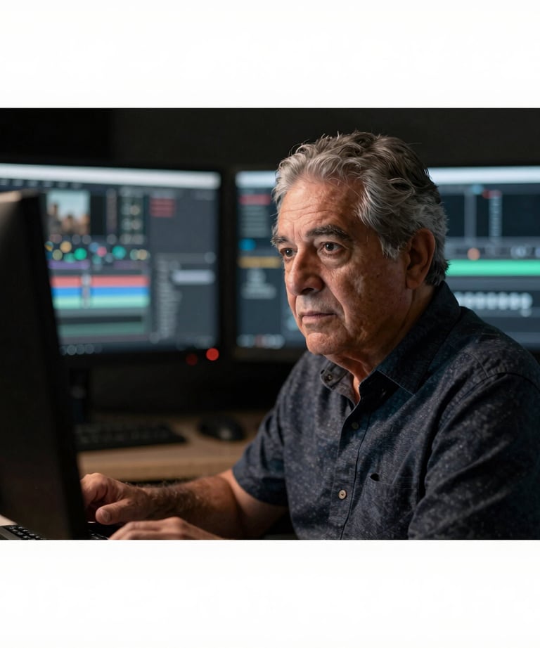 Portrait of a senior video editor in a dark studio. Soft light from the monitors illuminates their face. They are focused and professional. Latin American setting.