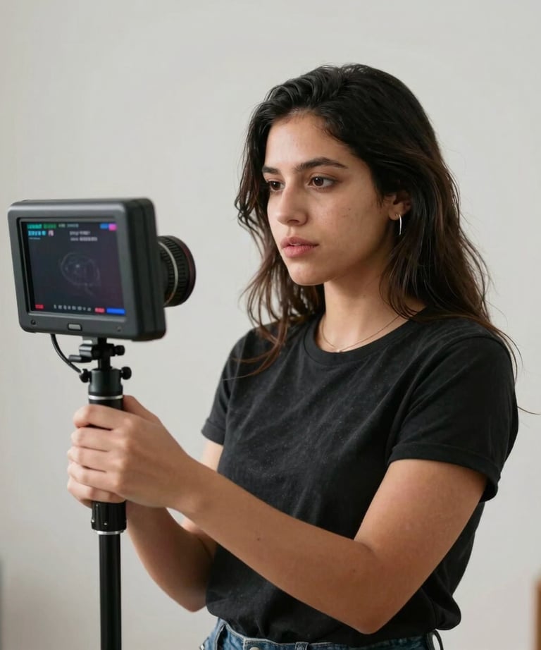 Portrait of a female cinematographer holding a portable monitor on a set. Soft light, modern minimalist style. Latin American creative professional.