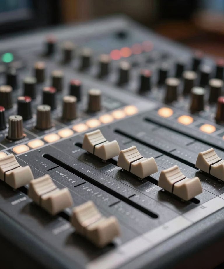 Close-up of a high-tech audio mixer with small illuminated lights in a professional studio. Depth of field focus on the faders.