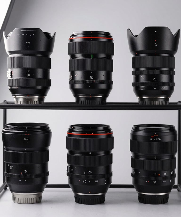 A professional camera lens rack in a modern studio. Each lens is perfectly polished, reflecting soft studio lights. Minimalist and high-tech.