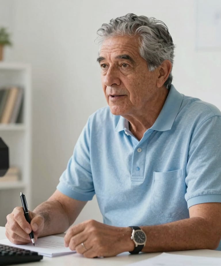 Portrait of a senior photography consultant in an airy studio. They look engaged and experienced. Light blue and white palette. Latin American setting.