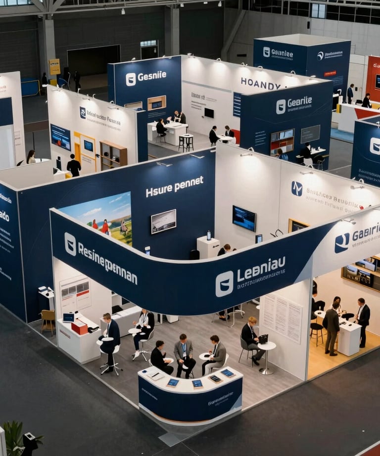 A high-angle shot of a vibrant, clean trade show floor in Germany, with orderly Navy Blue and White booths and corporate banners.