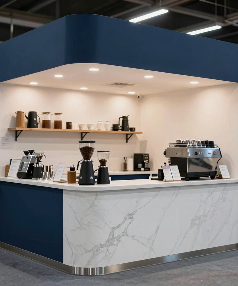 Professional photography of a trade fair booth with a high-end coffee bar area, using Navy Blue accents and white marble textures.
