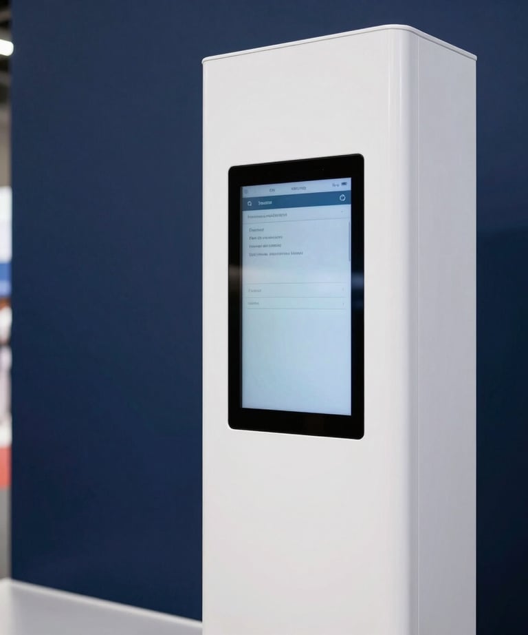 A vertical shot of a modern white exhibition pillar with an integrated touch screen, set against a Navy Blue backdrop in a Dubai convention hall.
