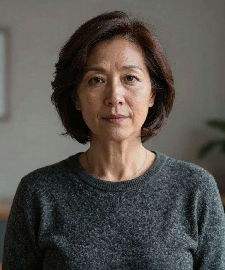 Portrait of a female therapist in her 50s, wearing a charcoal grey sweater, in a room with soft ambient lighting.