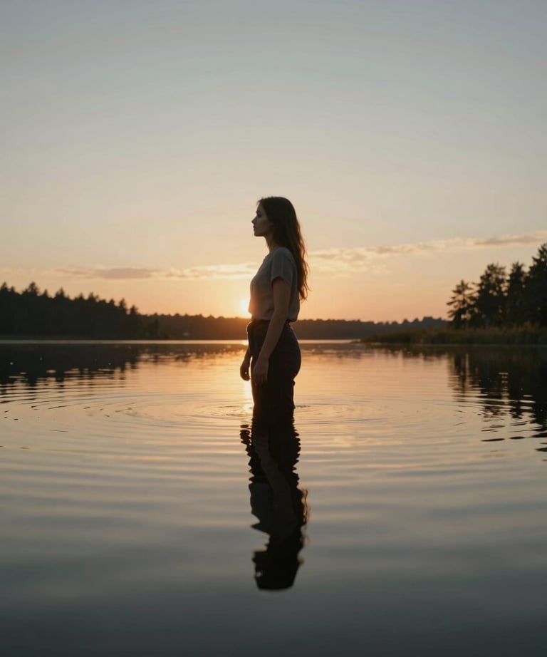 A woman's reflection in a still lake at sunset in the Baltic countryside, representing self-discovery and tranquility.