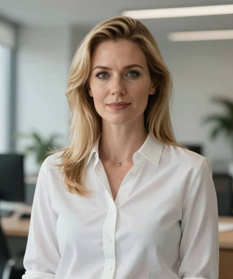Professional portrait of a woman counselor in her 30s with blonde hair, wearing a white blouse, in a light-filled office.