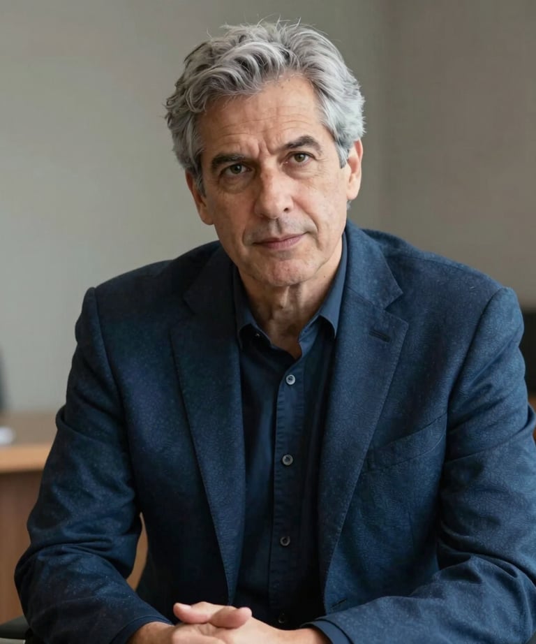 Portrait of a male counselor with grey hair, wearing a navy blue blazer, sitting in a professional and empathetic setting.