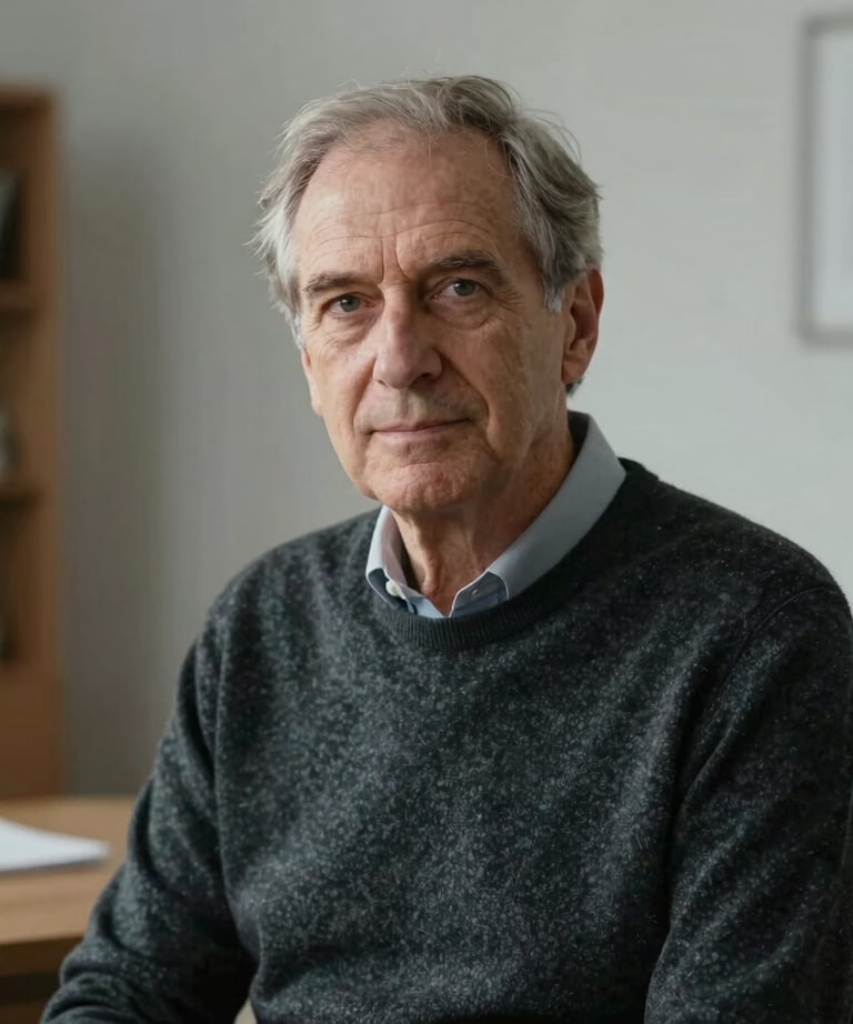Portrait of a senior male psychologist in a dark slate sweater, looking kindly towards the camera in a modern minimalist room.