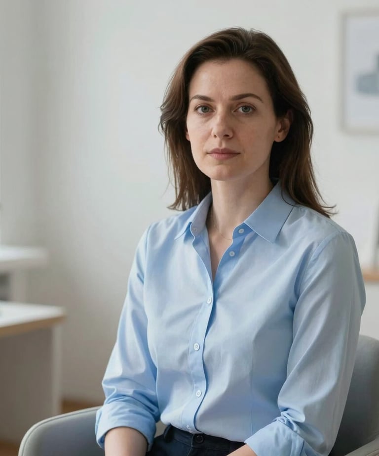 Portrait of a female psychologist in a light blue shirt, sitting in a bright airy room with Baltic decor elements.
