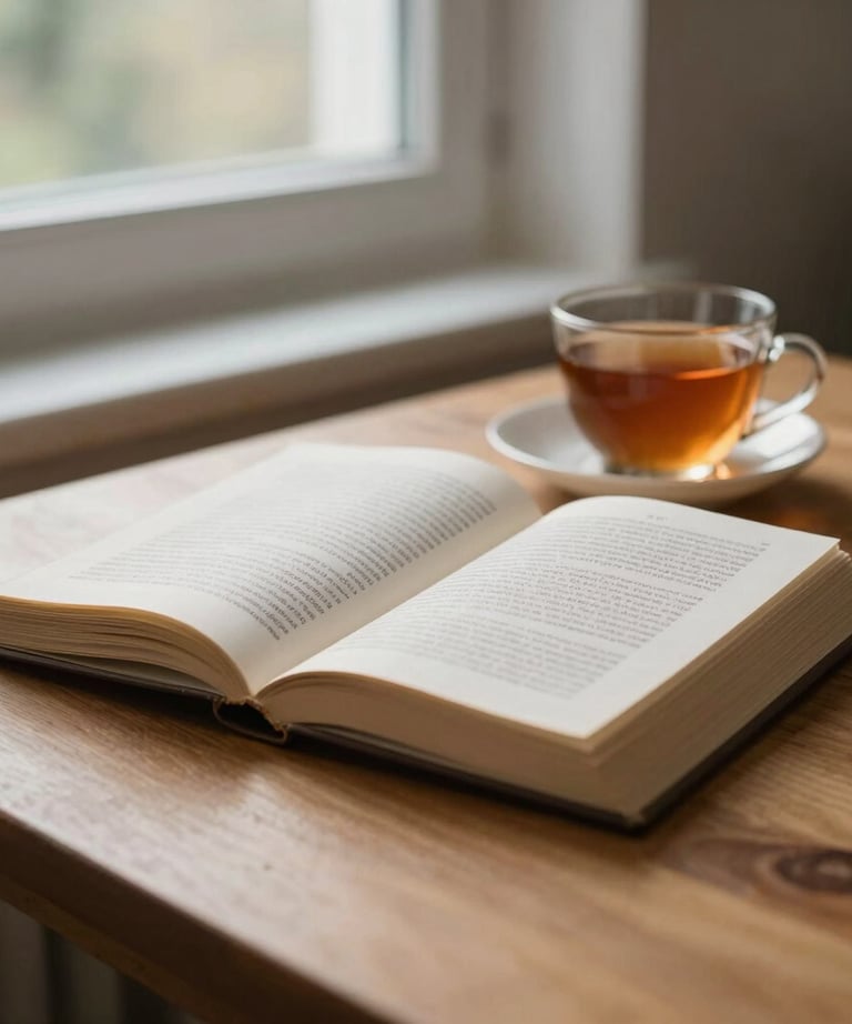 Photography of an open book and a cup of tea on a wooden table, soft light from a nearby window, evoking a feeling of calm reflection and away-from-screen time in a Baltic home.