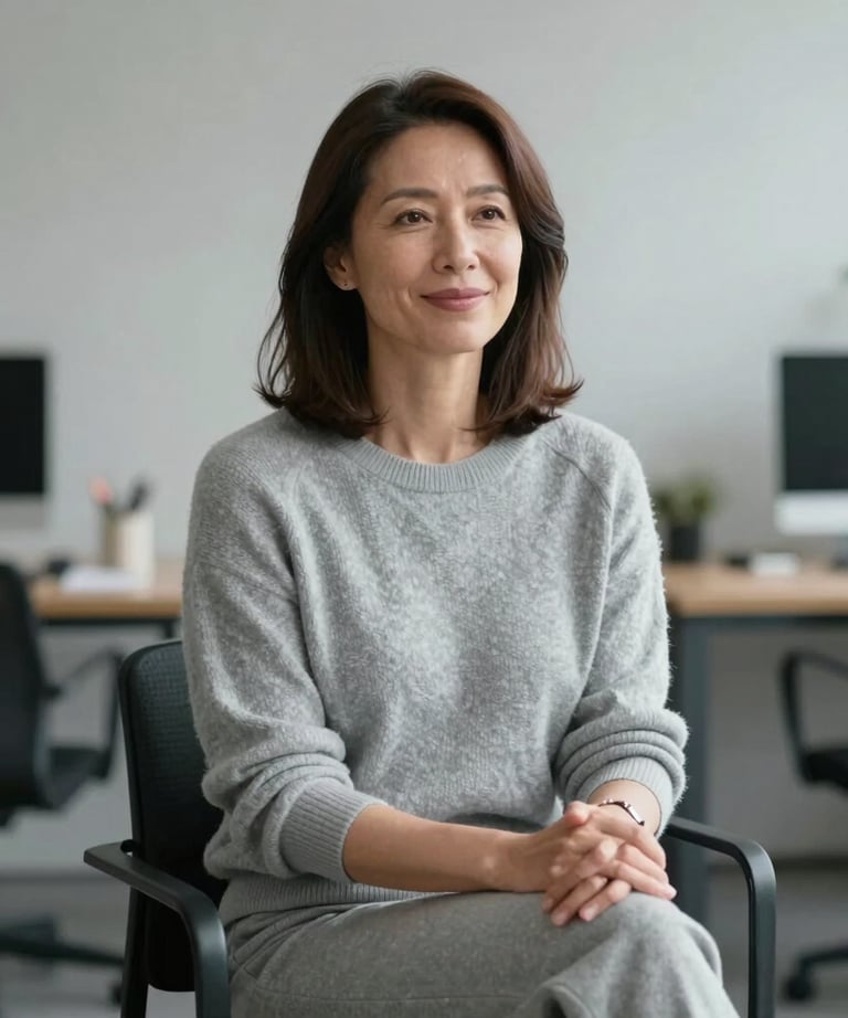 A professional portrait of a female counselor in her 40s, dressed in light grey knitwear, sitting in a minimalist Northern European office with a peaceful expression.