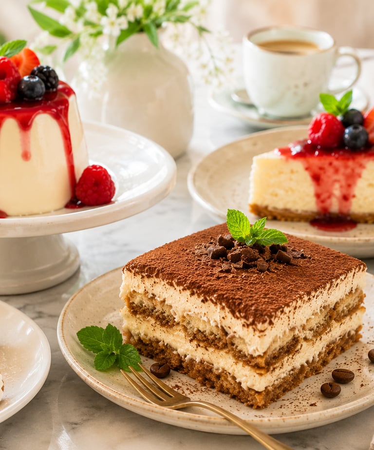 Selection of Italian desserts including tiramisu, panna cotta, cheesecake, and cannoli on a table.