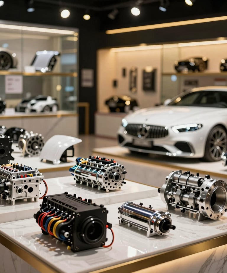 Elegant showroom display featuring Bentley, Maserati, and Rolls Royce parts.