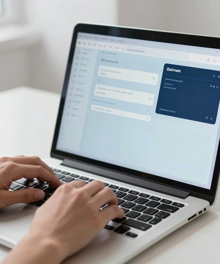 A close-up of a person's hands using a laptop in a minimalist, bright North American office. The screen shows a clean dashboard interface with mist blue and slate navy elements.