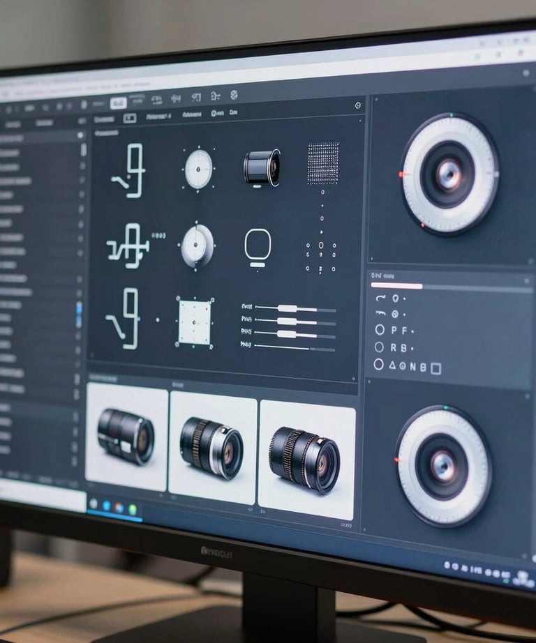 A detailed photograph of high-tech interface components displayed on a large professional monitor. The color palette is dominated by slate navy and pure ice white tones.