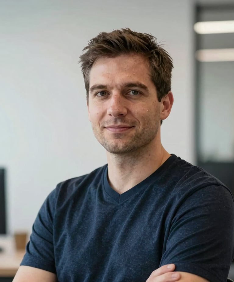 Portrait of a technology lead with a focused and professional expression. North American office setting with clean, white walls and a blurred tech background.