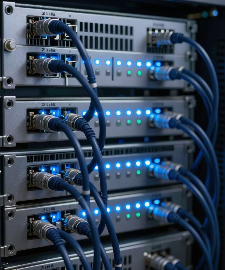 A close-up photograph of a server rack with neatly organized navy blue cables and blinking LED indicators in mist blue, highlighting modern efficiency and data center organization.