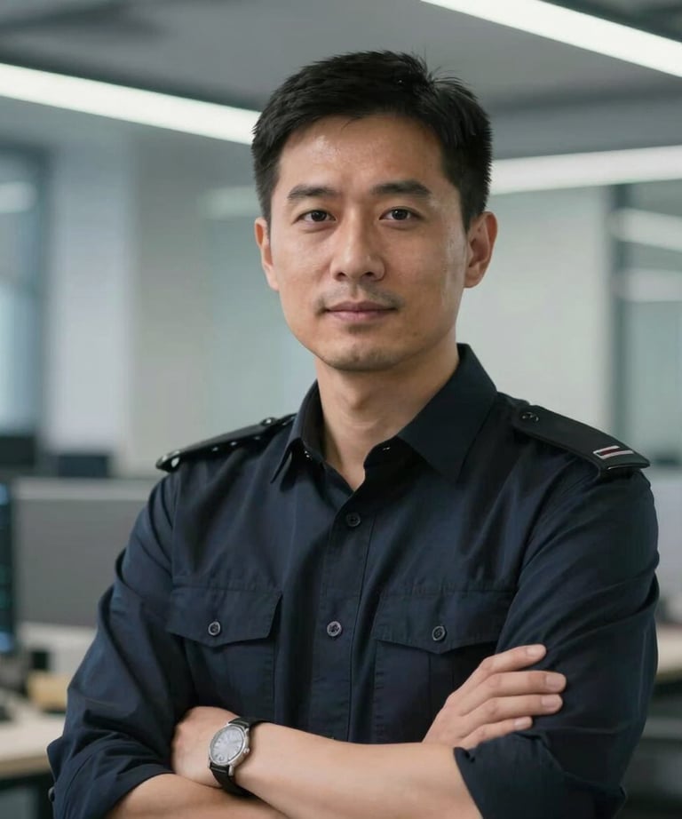 A portrait of a security expert in a modern professional office setting. The person looks confident and approachable, with a background of soft focus tech infrastructure.
