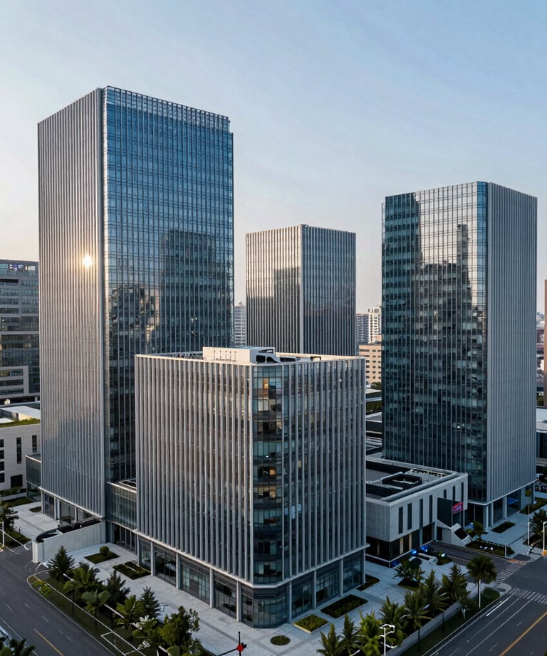 A wide shot of a modern technology park in a North American city, featuring sleek glass and steel buildings. The lighting is cool and professional, with tones of steel blue and white.