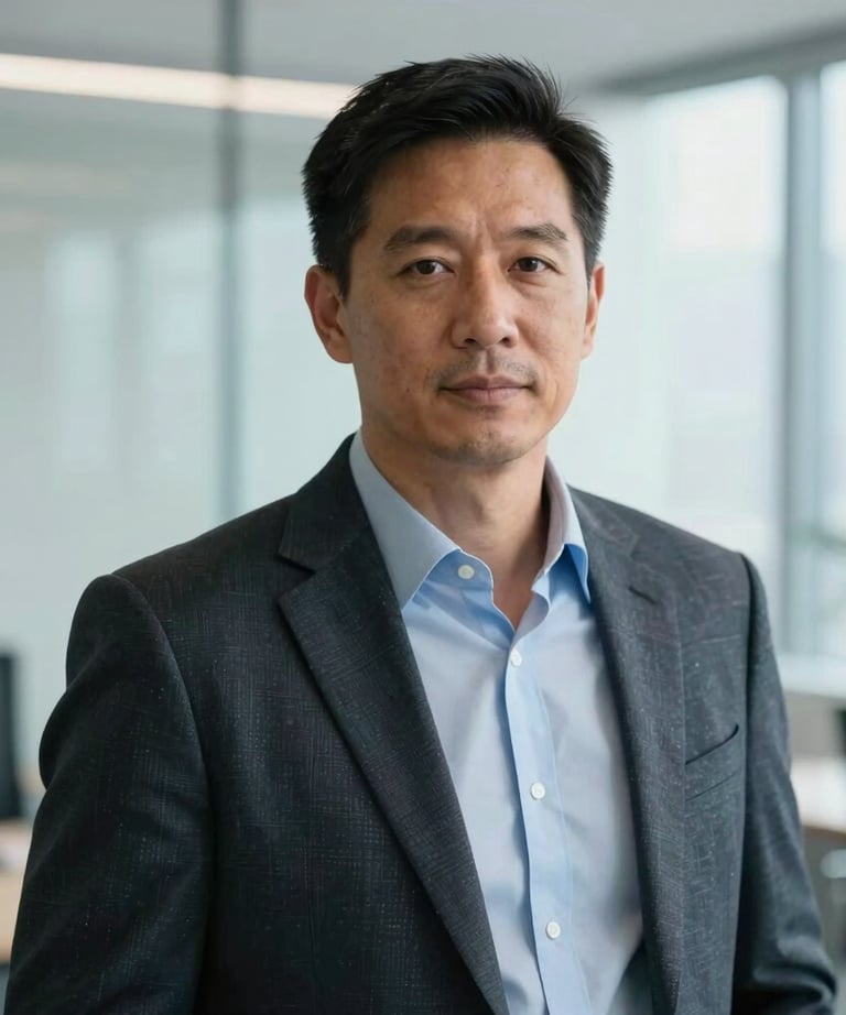 Portrait of a tech executive in professional attire, looking forward with confidence. The setting is a bright, airy North American office with soft mist blue and white tones in the background.