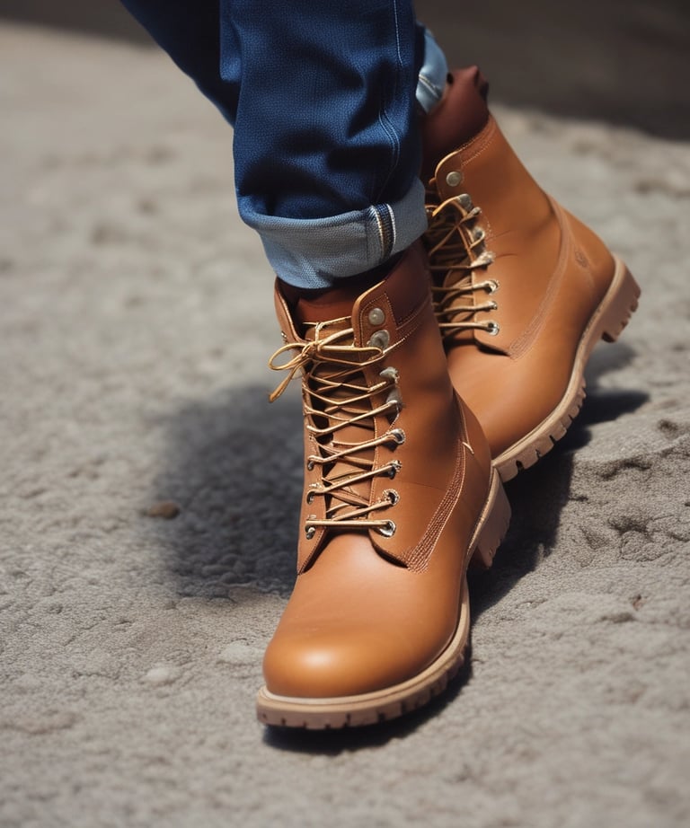 Man wearing black and olive boots walking confidently in an urban setting.